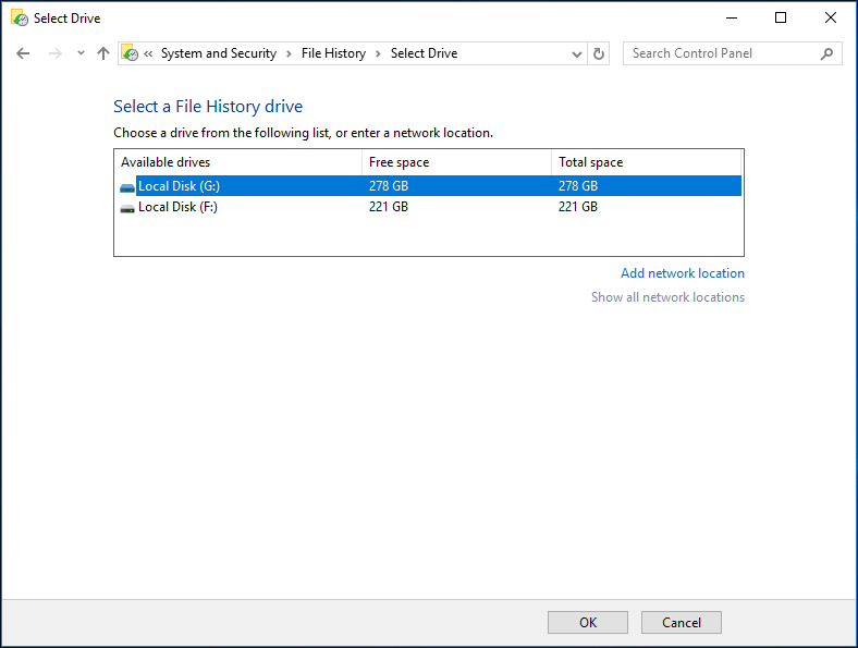 select another drive for File History backup