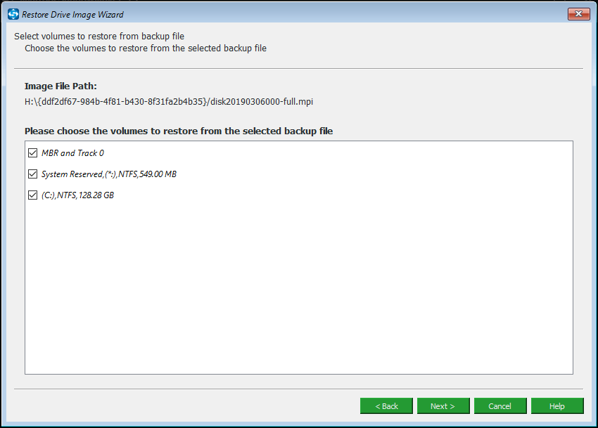 check all system partitions to restore