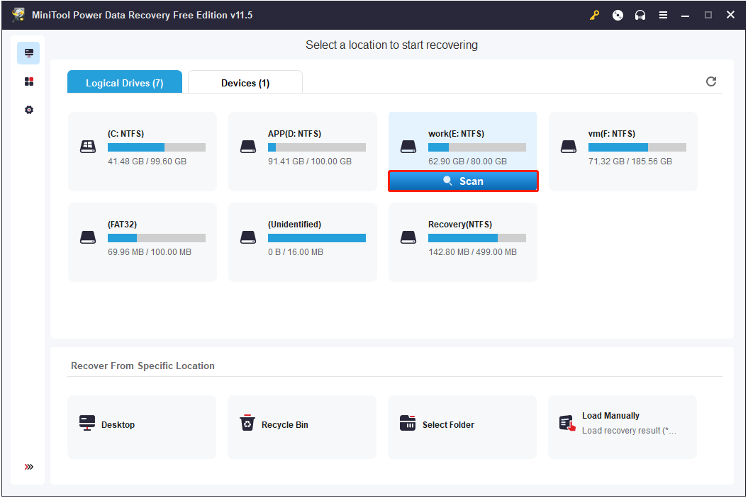 start to scan the selected drive