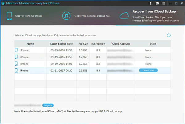 choose the target iCloud backup file to download