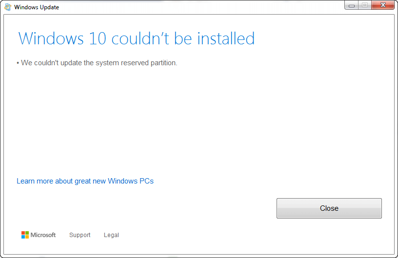 Windows 10 couldn't update the system reserved partition