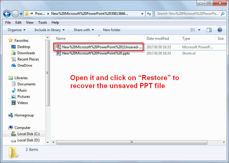 click restore to recover powerpoint
