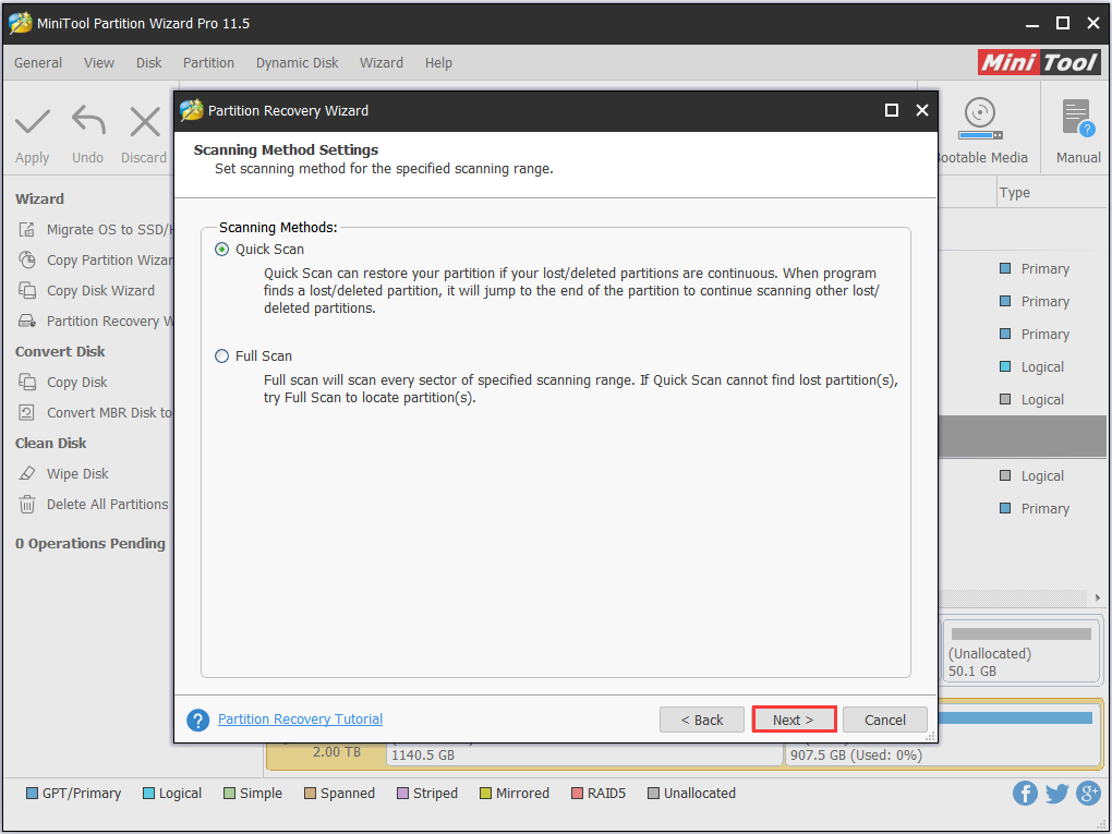 choose scanning method and click Next to continue