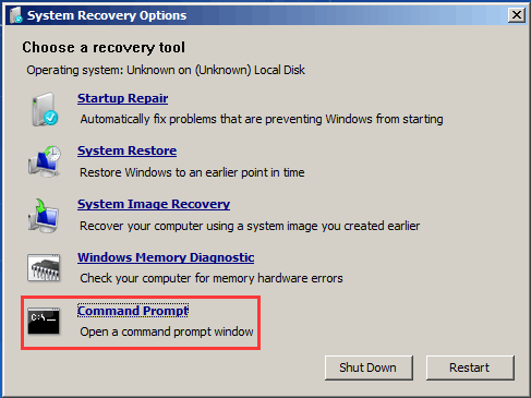 system recovery options screen