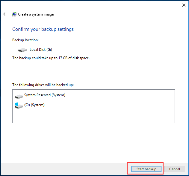 confirm backup source and location and click Start backup to continue