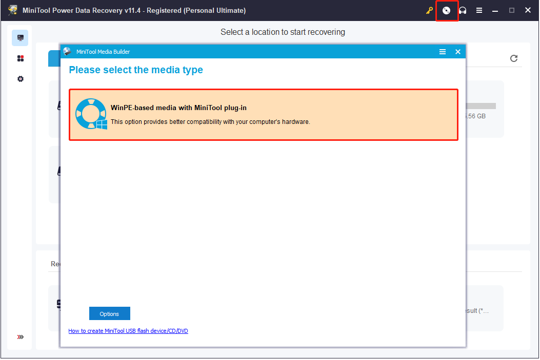 select WinPE-based media with MiniTool plug-in