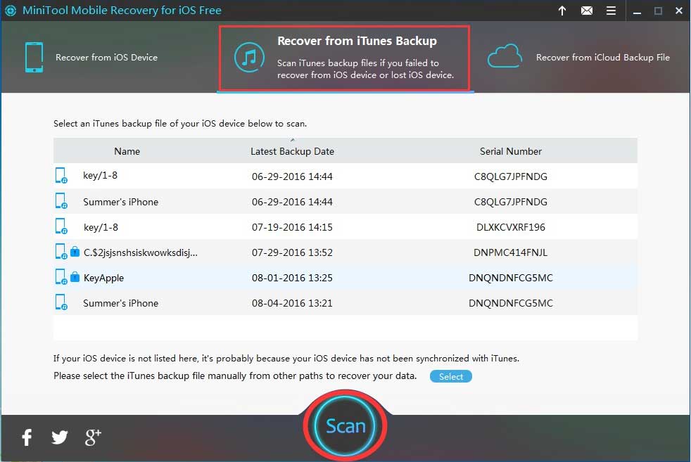 choose the target iTunes backup file to scan