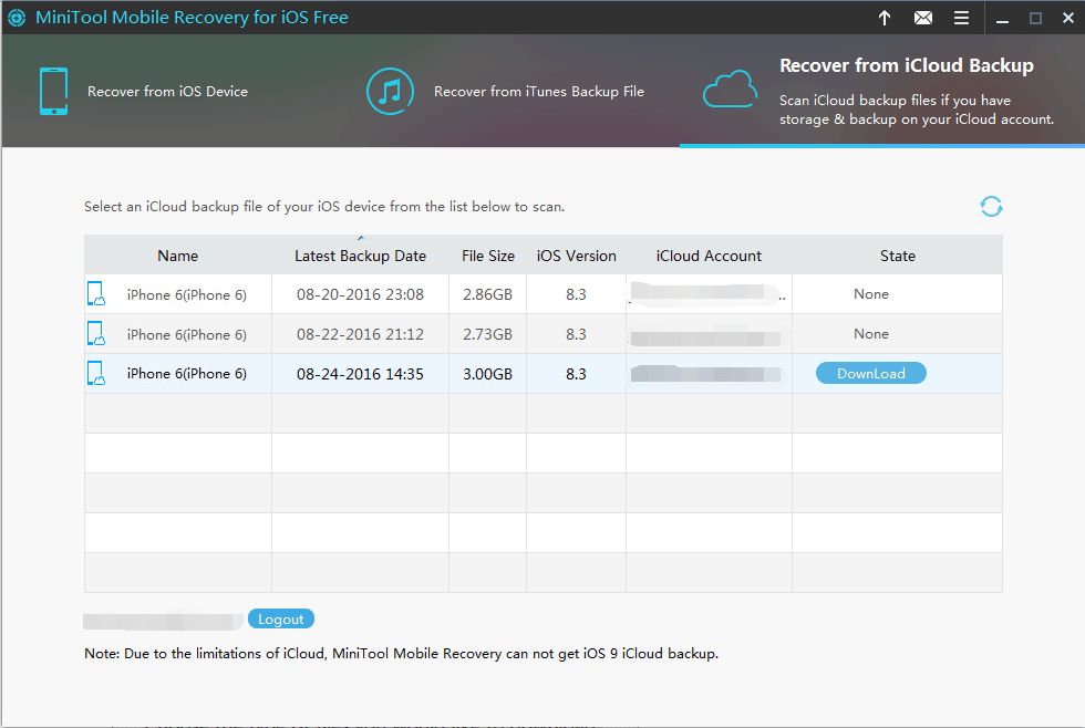 choose the target iCloud backup to download