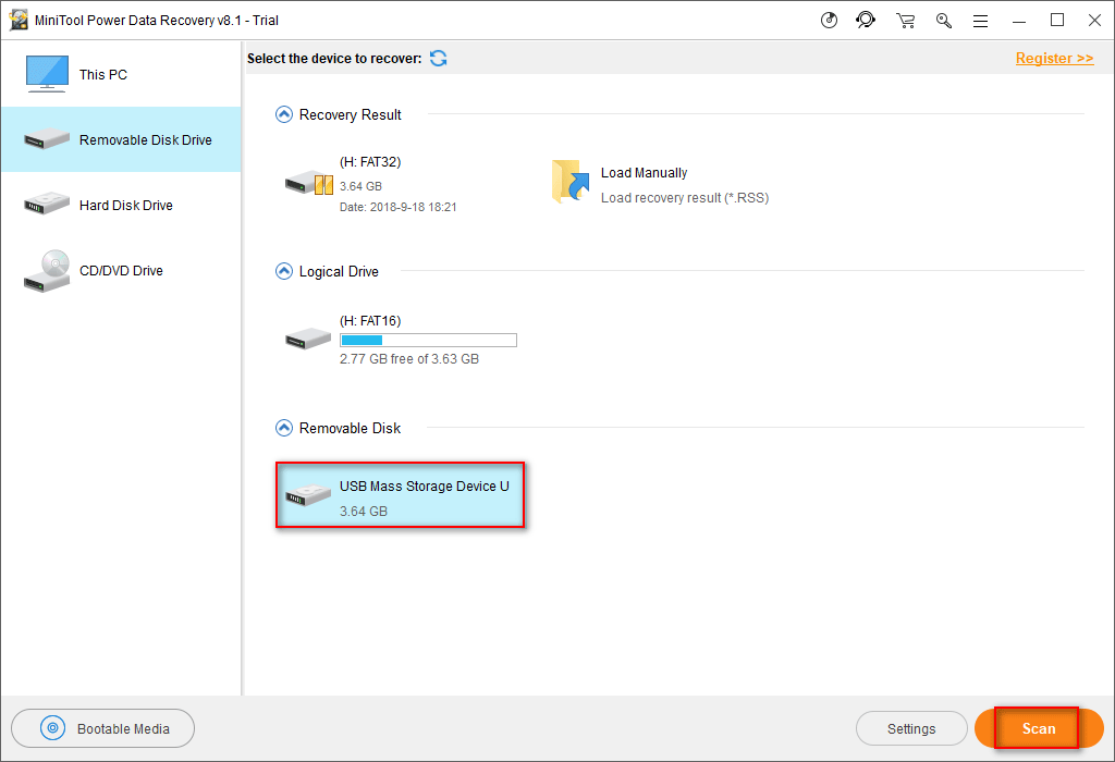 select Removable Disk Drive & press Scan