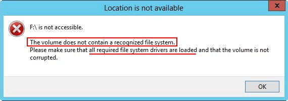 The volume does not contain a recognized file system
