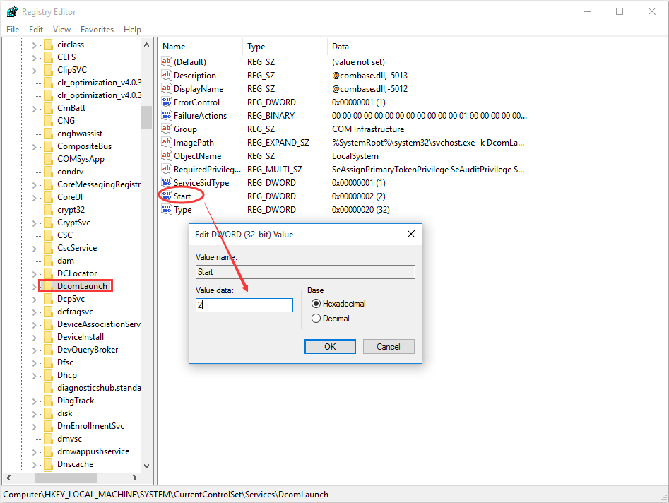DcomLaunch key in Windows registry