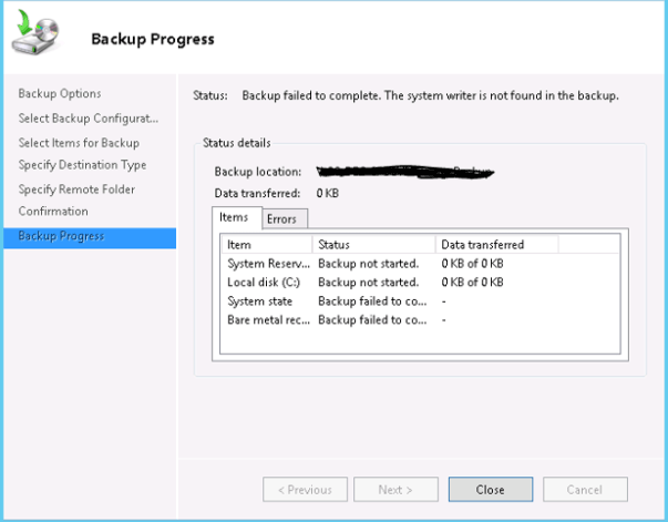the error the system writer is not found in the backup