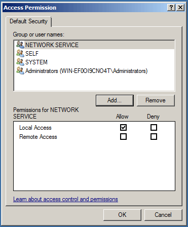 check only Local Access is selected and click OK to continue