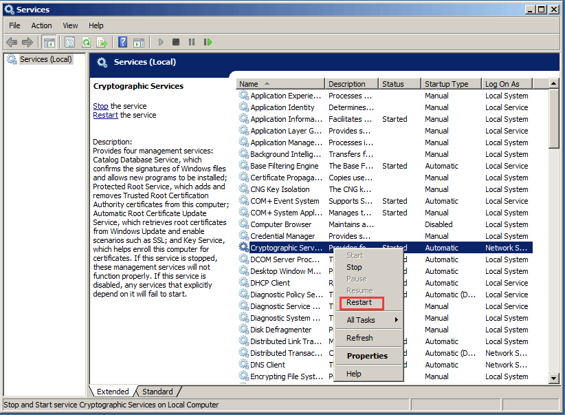 click Restart from the context menu to continue