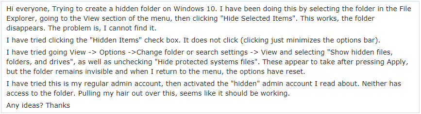 Windows 10 show hidden files not working issue in Reddit