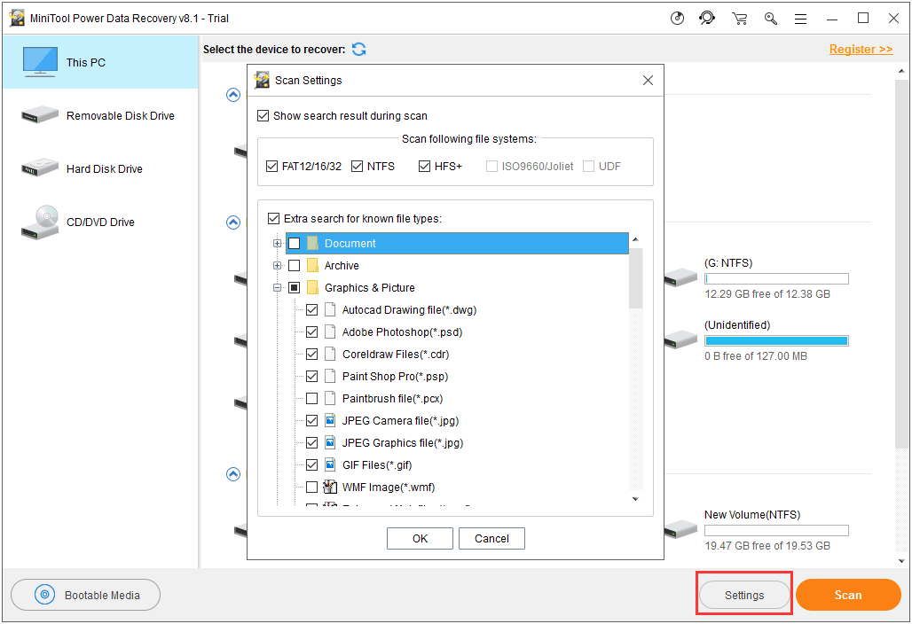 use Settings to choose the file types you want to recover