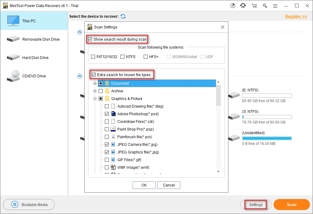 scan the disk for certain files