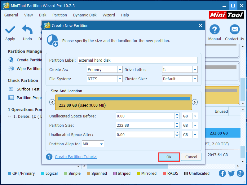 set the parameters of the new partition