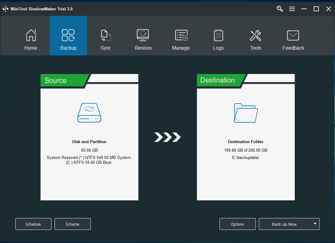 choose the backup source and destination