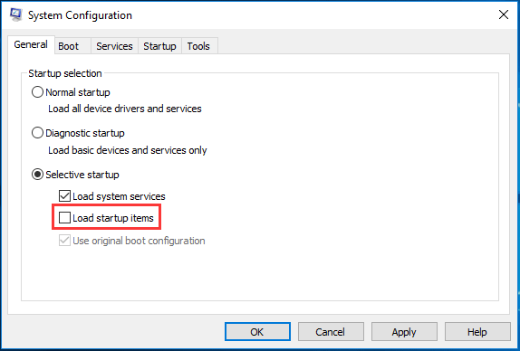 uncheck Load startup items