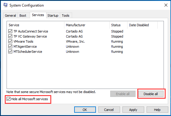 check Hide all Microsoft service and Disable all to continue