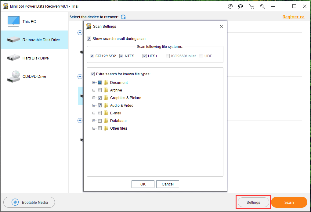 choose the data types you want to recover from the Settings window