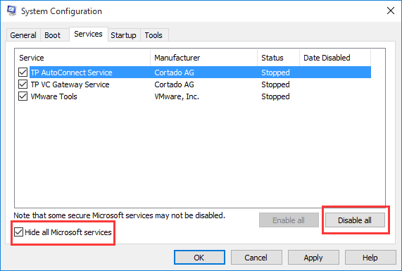 hide all Microsoft services and disable all