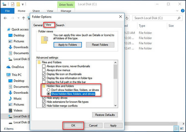 Show hidden files, folders, and drives