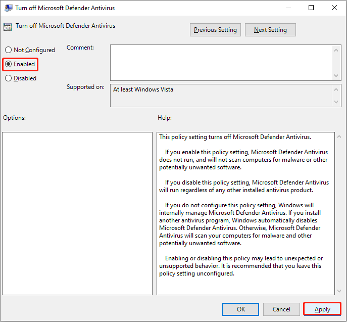 enable the Turn off Microsoft Defender Antivirus