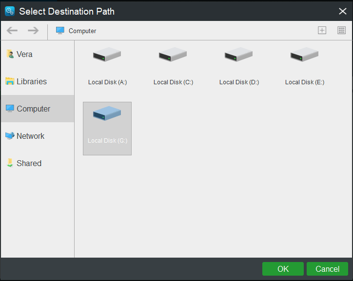 choose destination path for backup storage