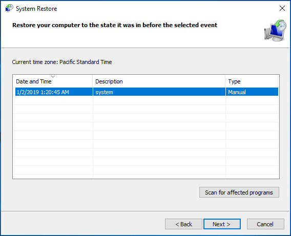 system restore in Windows 10