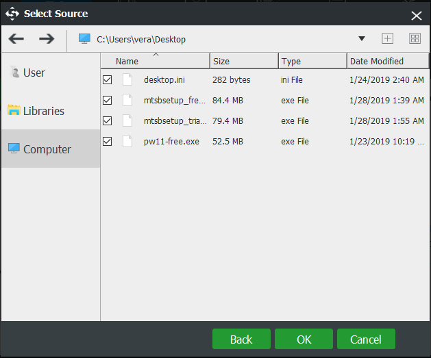 choose files to back up