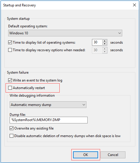 uncheck the option Automatically restart