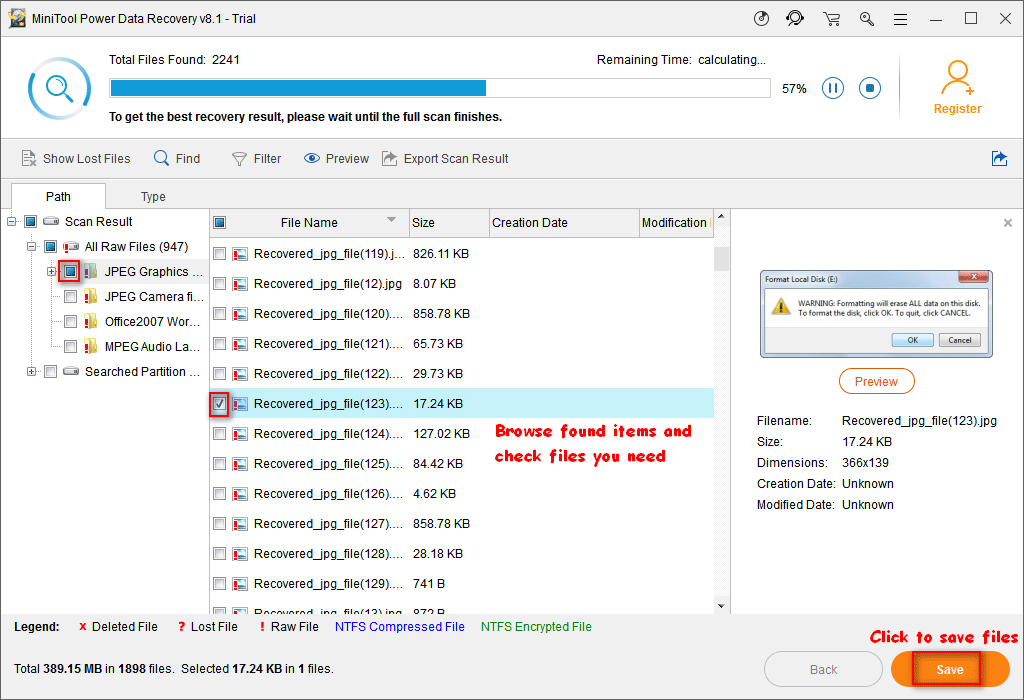 browse and check files to recover