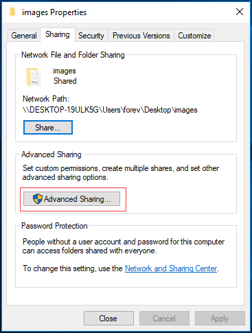 click Advanced sharing to continue