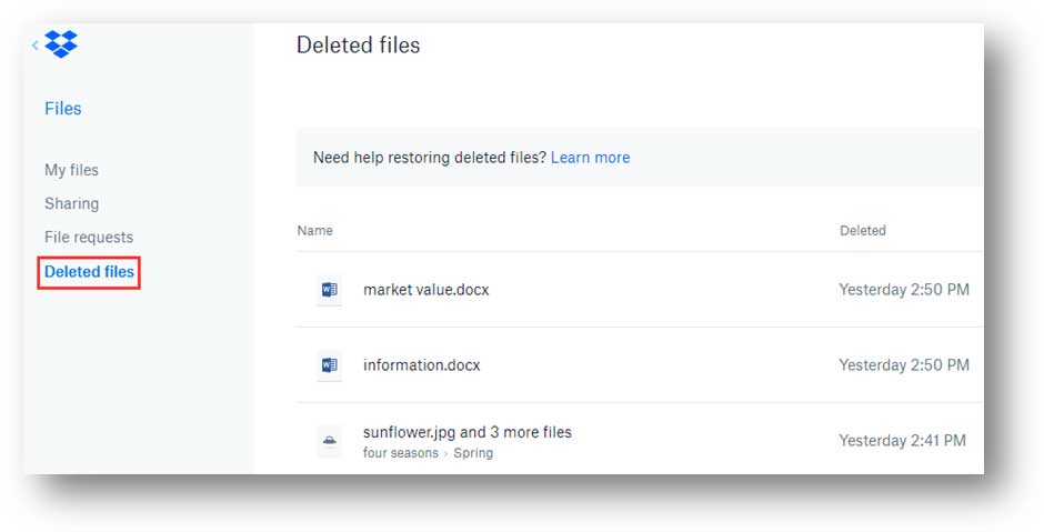 ecover files using Deleted files page