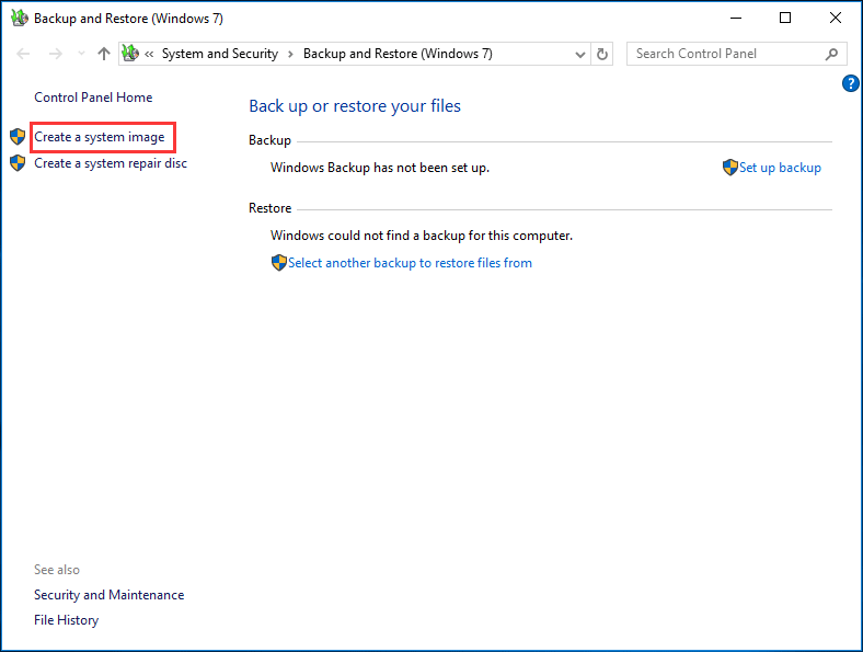 create a system image in Windows 10