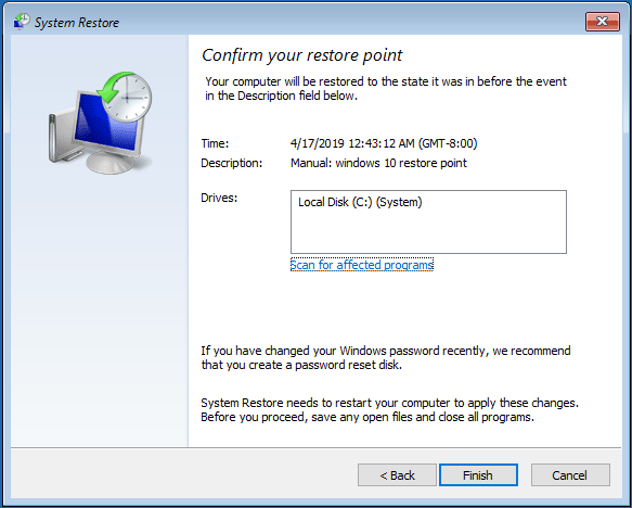 confirm restore point and click Finish to continue