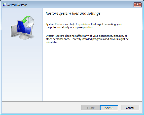 click Next in the Restore system files and settings