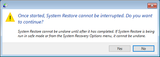 a pop-up window warns that the restore process can't be interrupted once it starts