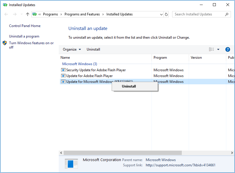 right click the update you want to uninstall
