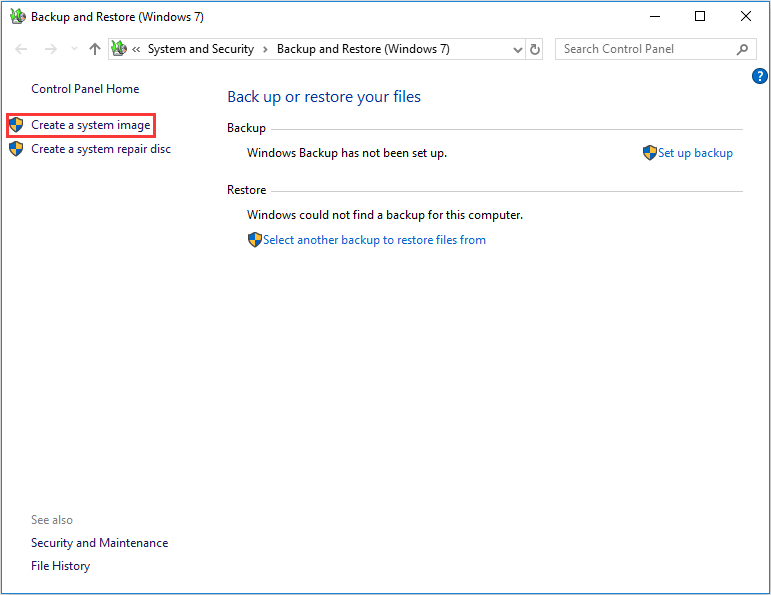 click Create a system image under backup and restore interface