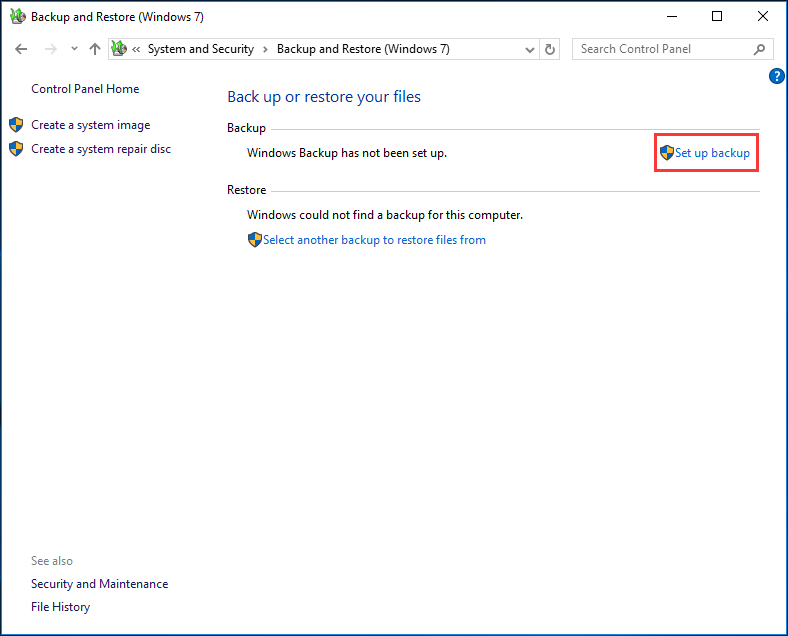 set up backup in Windows 10 with Backup and Restore (Windows 7)