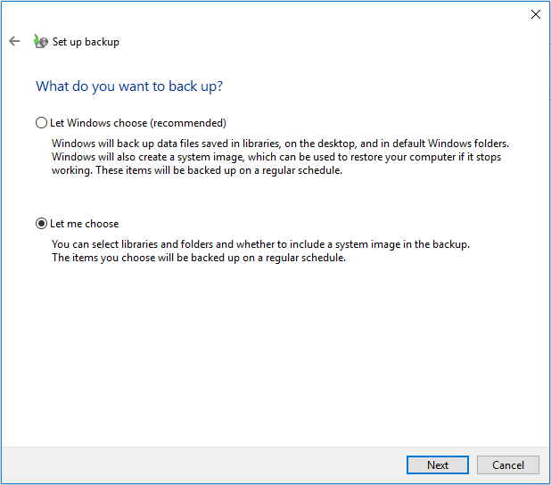 let me choose files for automatic backup Windows 10