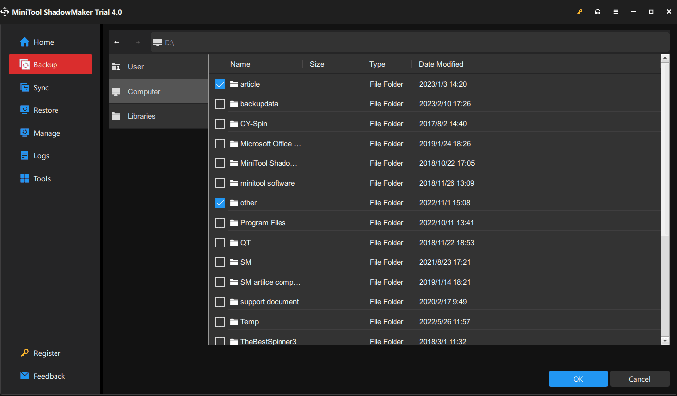 choose folders or files to back up