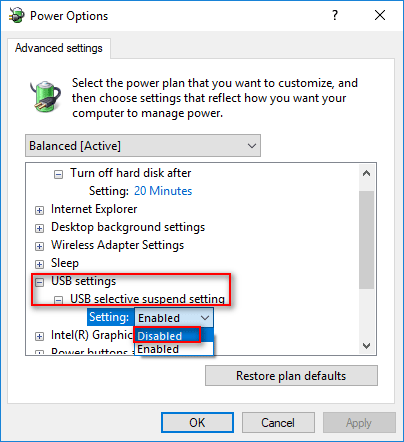 disable USB selective suspend setting