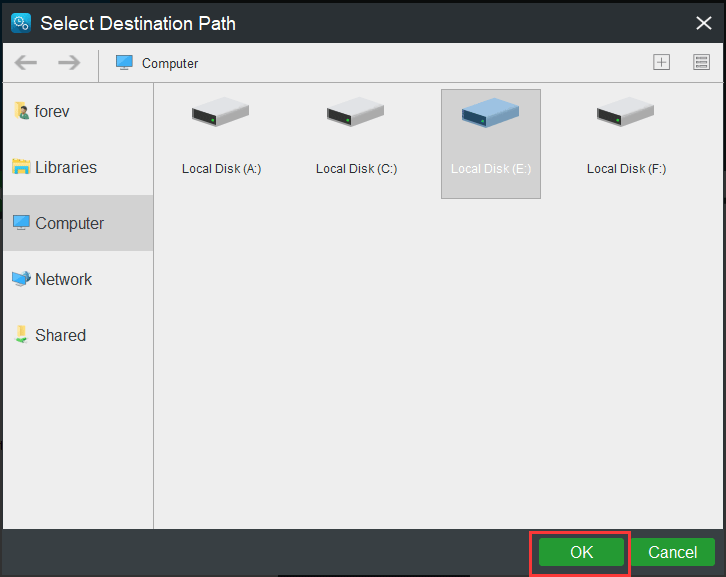 select the destination path and click OK to continue