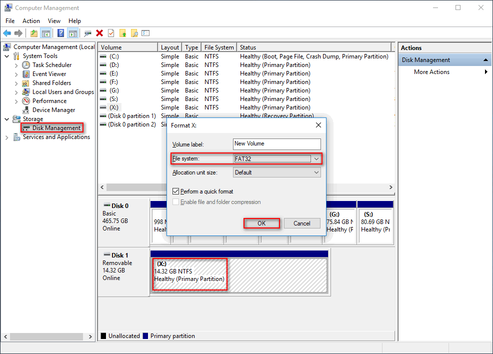 Format to FAT32 Disk Management