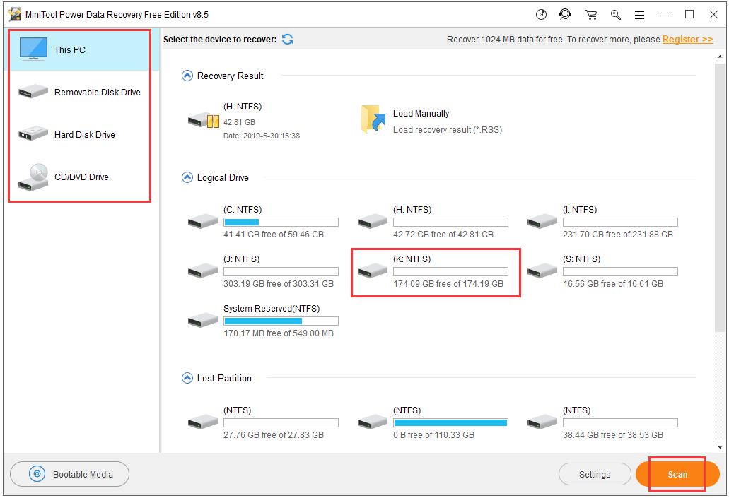 select the target device to scan the deleted or lost files