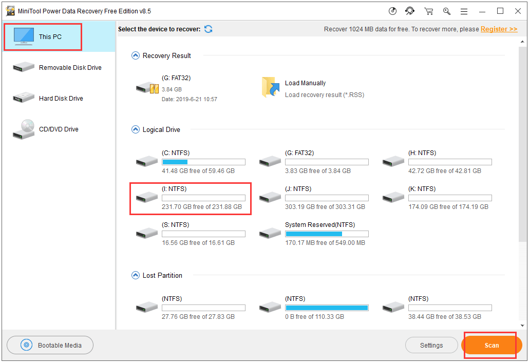 choose and scan the PC drive for deleted/lost files